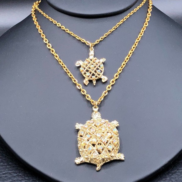 Estate Jewelry - Two Turtles Necklace AB Rhinestones Layered Gold Tone Cable Chain Mother & Child